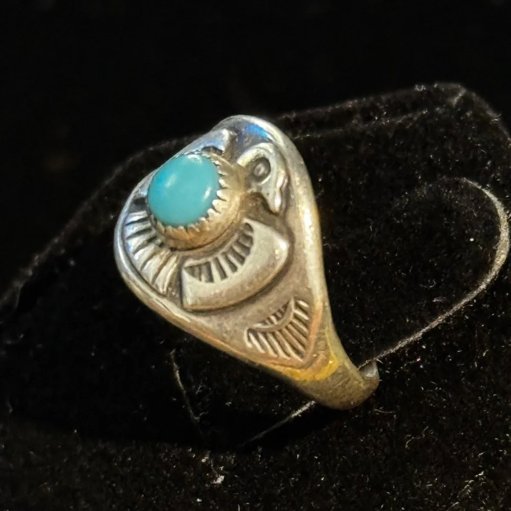 Vintage Native American Turquoise Sterling Silver Thunderbird Ring Size 6
